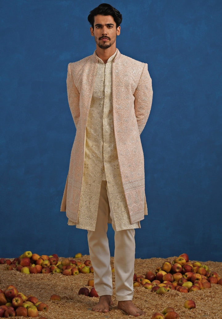 Pastel Pink and Ivory Georgette Sherwani Set Kalpraag - Fabilicious Fashion