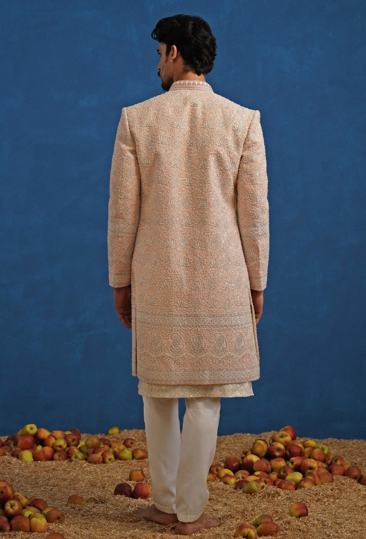 Pastel Pink and Ivory Georgette Sherwani Set Kalpraag - Fabilicious Fashion