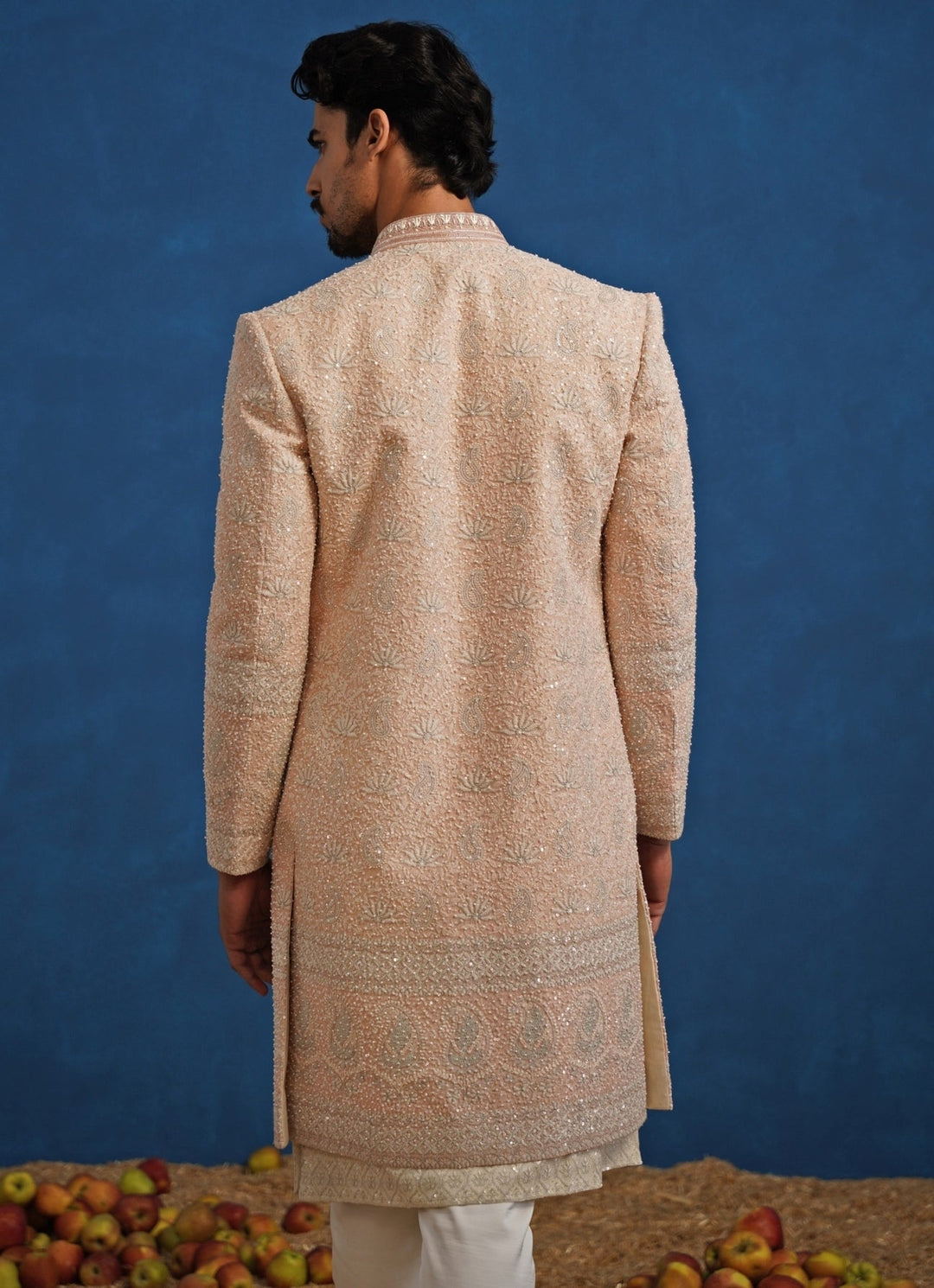 Pastel Pink and Ivory Georgette Sherwani Set Kalpraag - Fabilicious Fashion