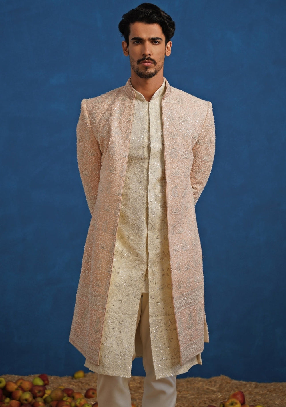 Pastel Pink and Ivory Georgette Sherwani Set Kalpraag - Fabilicious Fashion