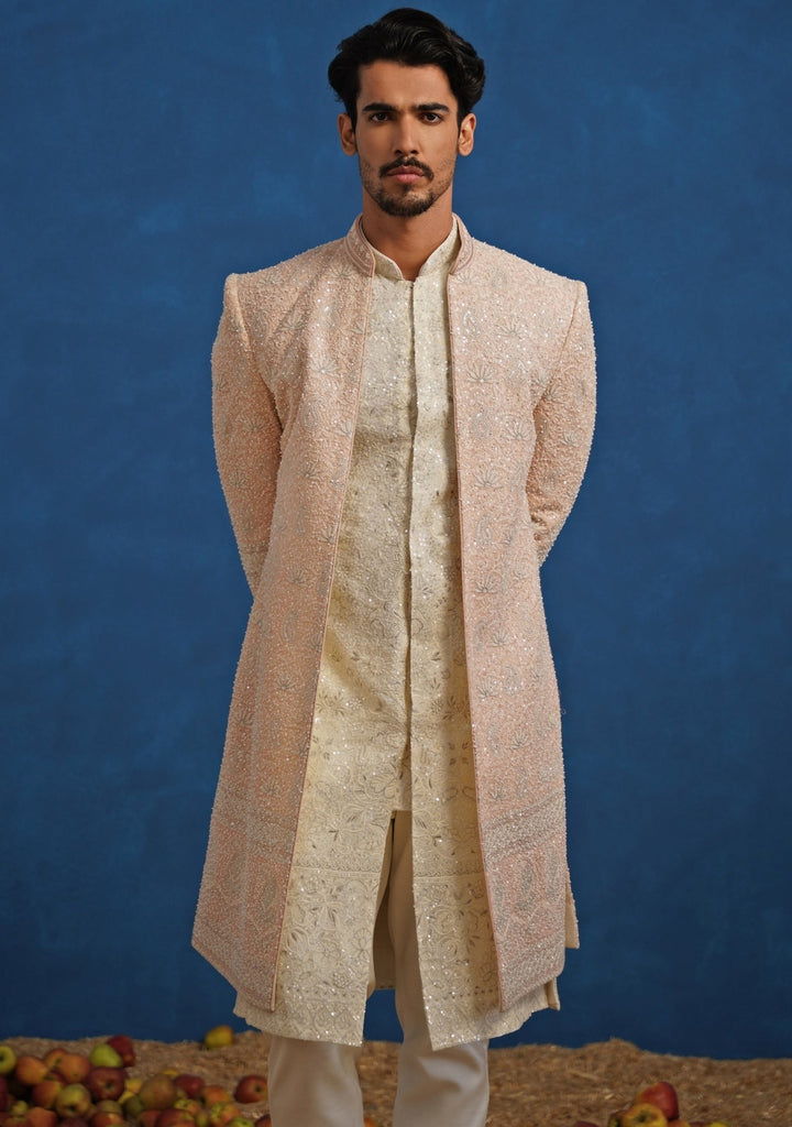 Pastel Pink and Ivory Georgette Sherwani Set Kalpraag - Fabilicious Fashion