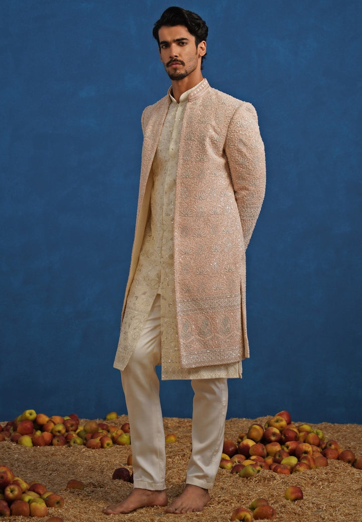Pastel Pink and Ivory Georgette Sherwani Set Kalpraag - Fabilicious Fashion