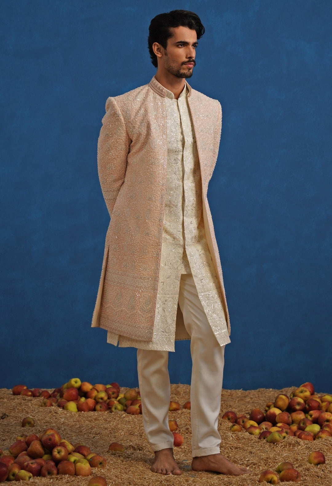 Pastel Pink and Ivory Georgette Sherwani Set Kalpraag - Fabilicious Fashion