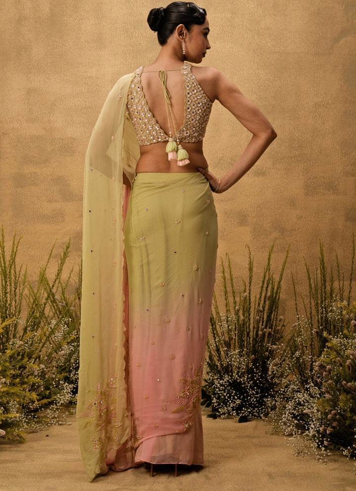 Quench A Thirst Pastel Pink And Mint Medley Predraped Georgette SareeFabilicious Fashion