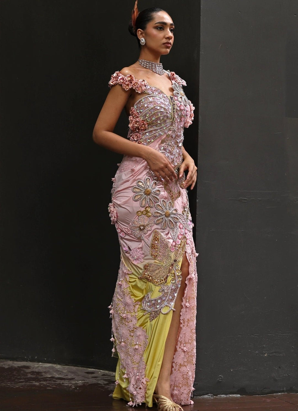 Pastel Pink And Yellow Lyra Pre Draped Saree Moledro - Fabilicious Fashion