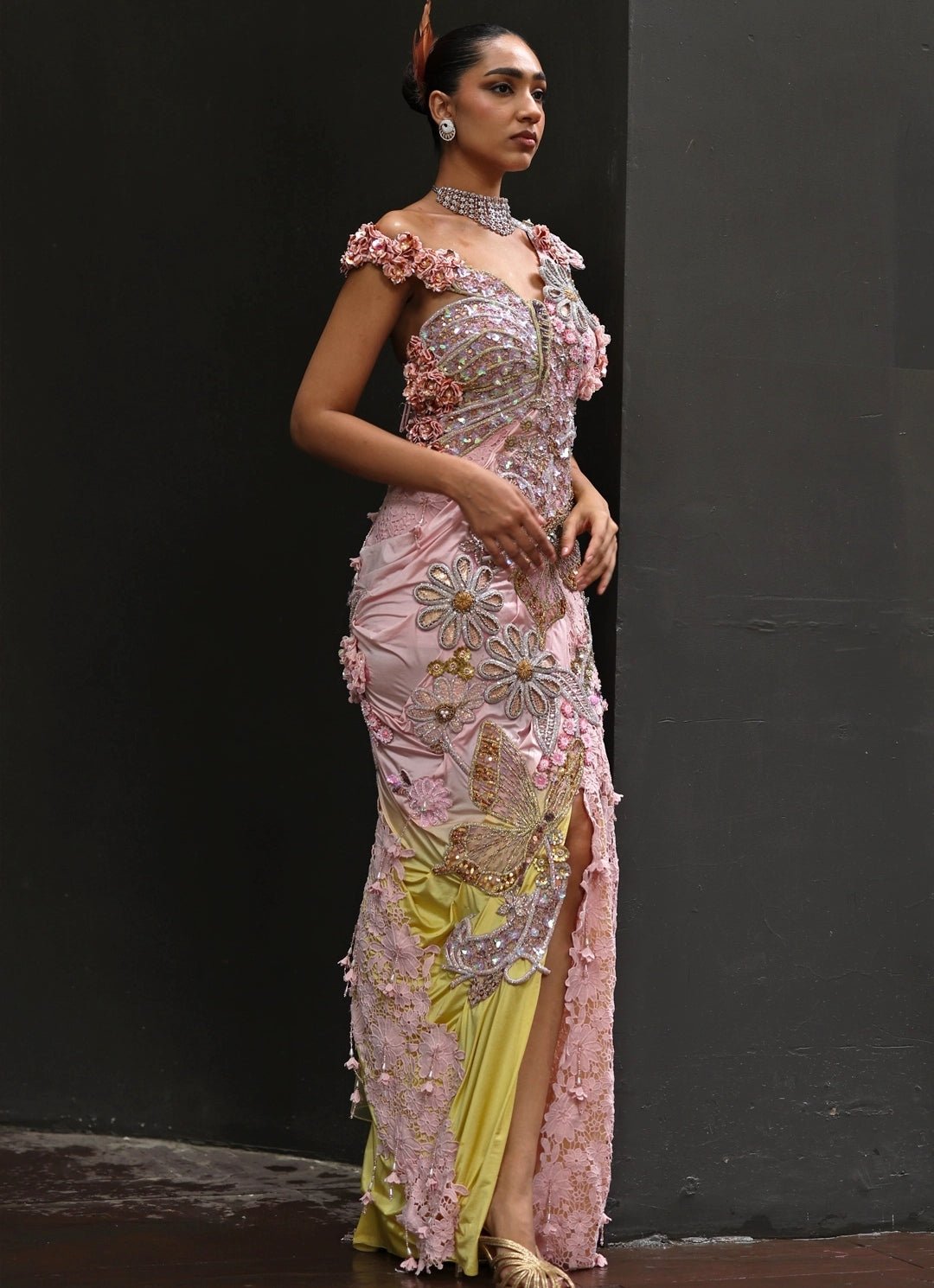 Pastel Pink And Yellow Lyra Pre Draped Saree Moledro - Fabilicious Fashion