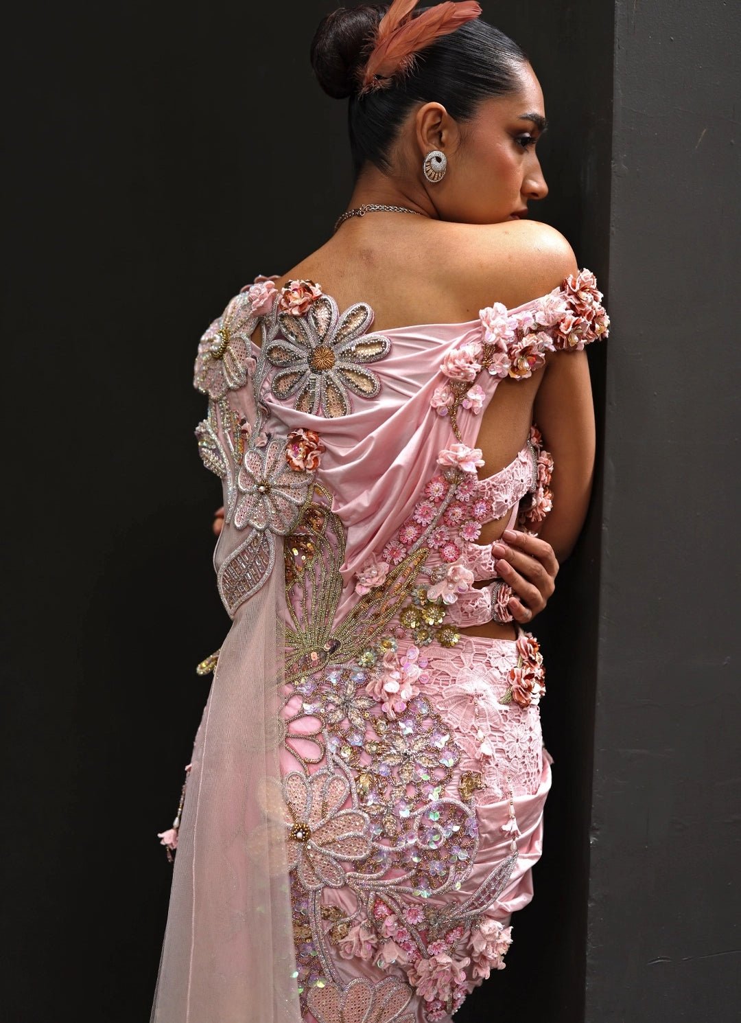 Pastel Pink And Yellow Lyra Pre Draped Saree Moledro - Fabilicious Fashion