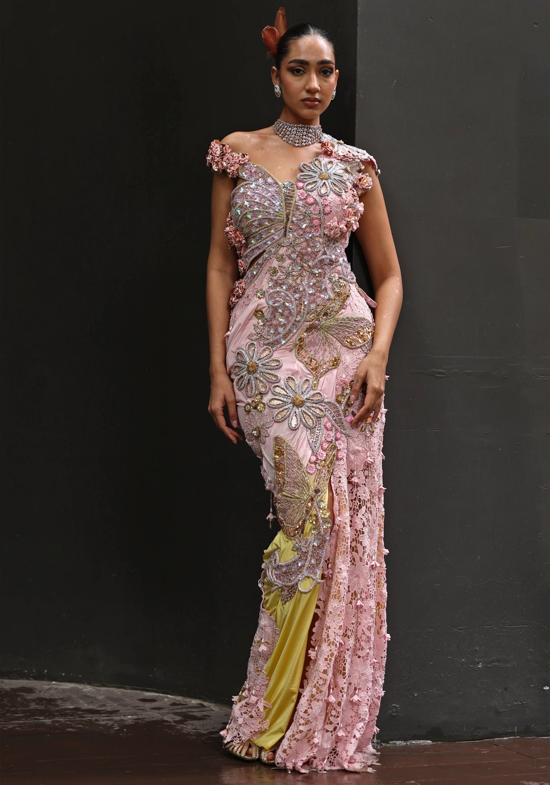 Pastel Pink And Yellow Lyra Pre Draped Saree Moledro - Fabilicious Fashion