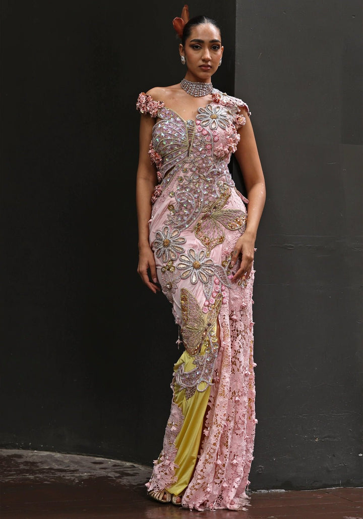 Pastel Pink And Yellow Lyra Pre Draped Saree Moledro - Fabilicious Fashion