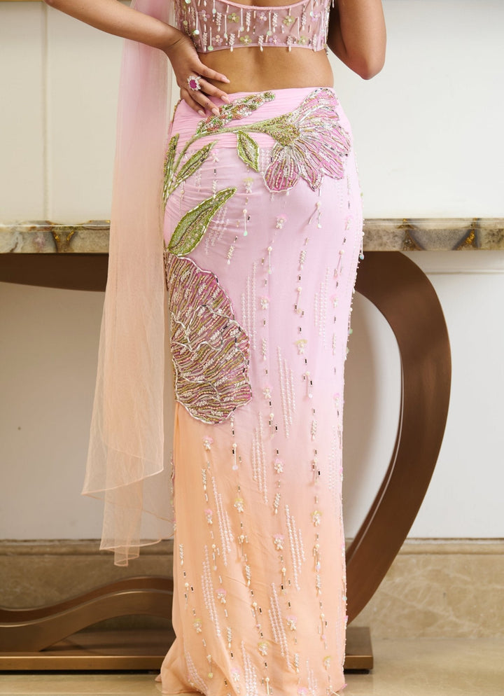 Pastel Pink Appliqué Embroidered Predraped Georgette Saree Moledro - Fabilicious Fashion