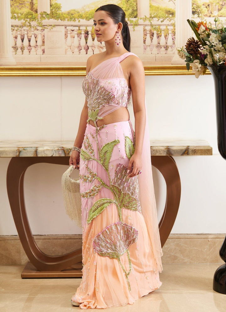 Pastel Pink Appliqué Embroidered Predraped Georgette Saree Moledro - Fabilicious Fashion