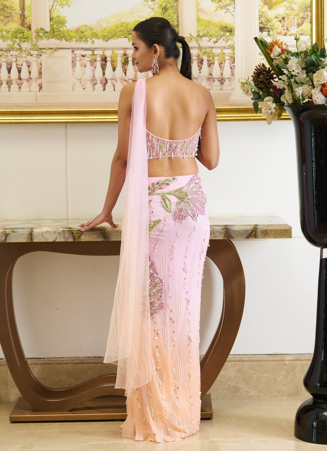 Pastel Pink Appliqué Embroidered Predraped Georgette Saree Moledro - Fabilicious Fashion