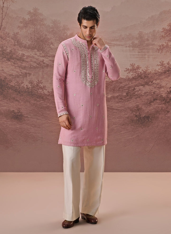 Contrast by Parth Pastel Pink Bagalpuri Silk Kurta SetFabilicious Fashion