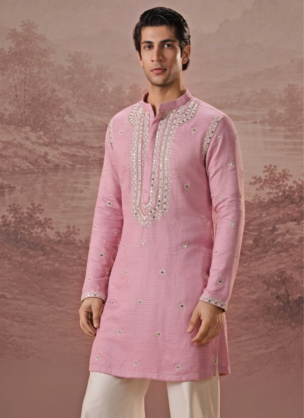 Contrast by Parth Pastel Pink Bagalpuri Silk Kurta SetFabilicious Fashion