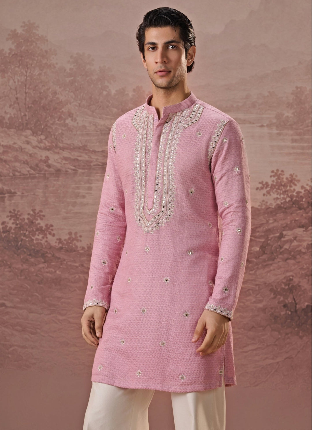 Contrast by Parth Pastel Pink Bagalpuri Silk Kurta SetFabilicious Fashion