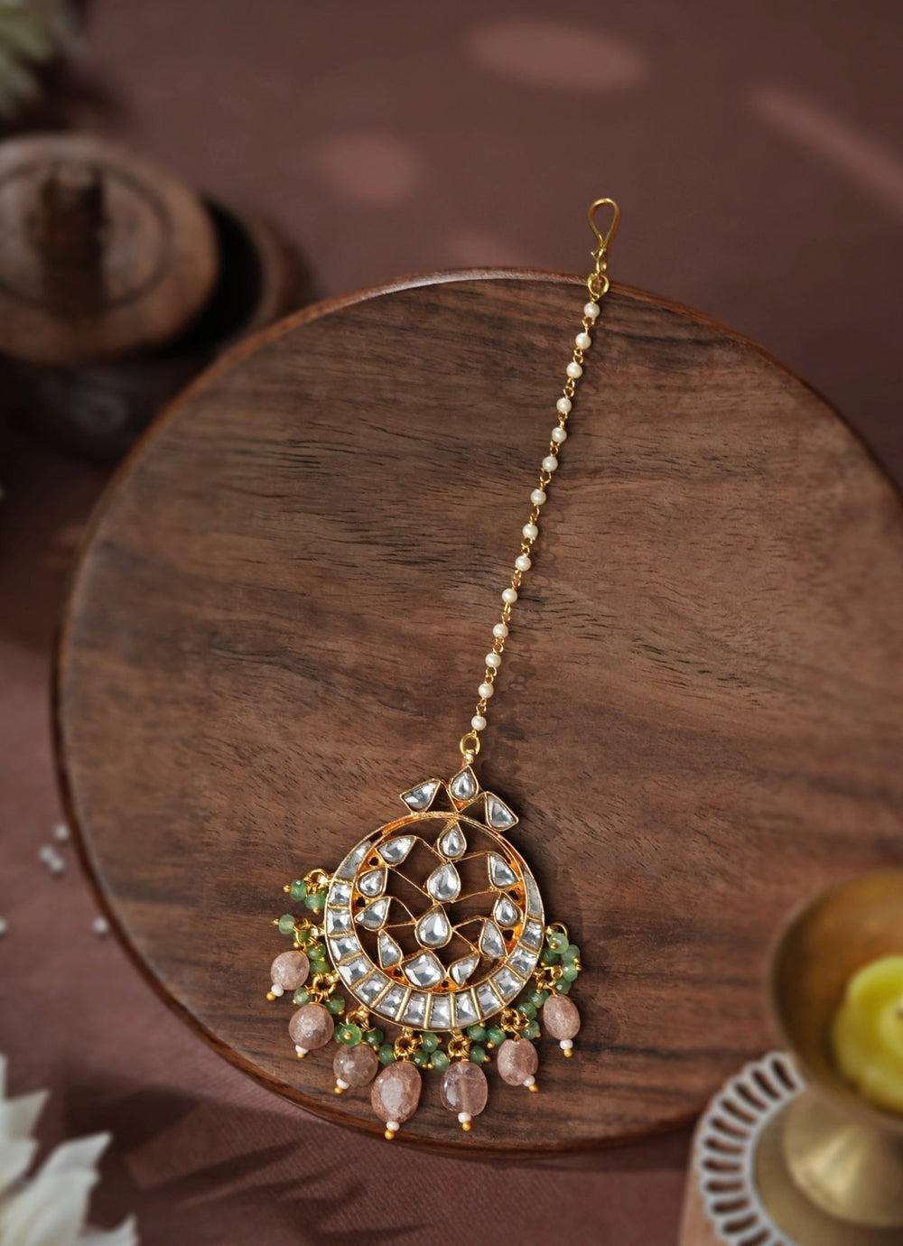 Pastel Pink Beaded Matte Gold Maangtikka Riana Jewellery - Fabilicious Fashion