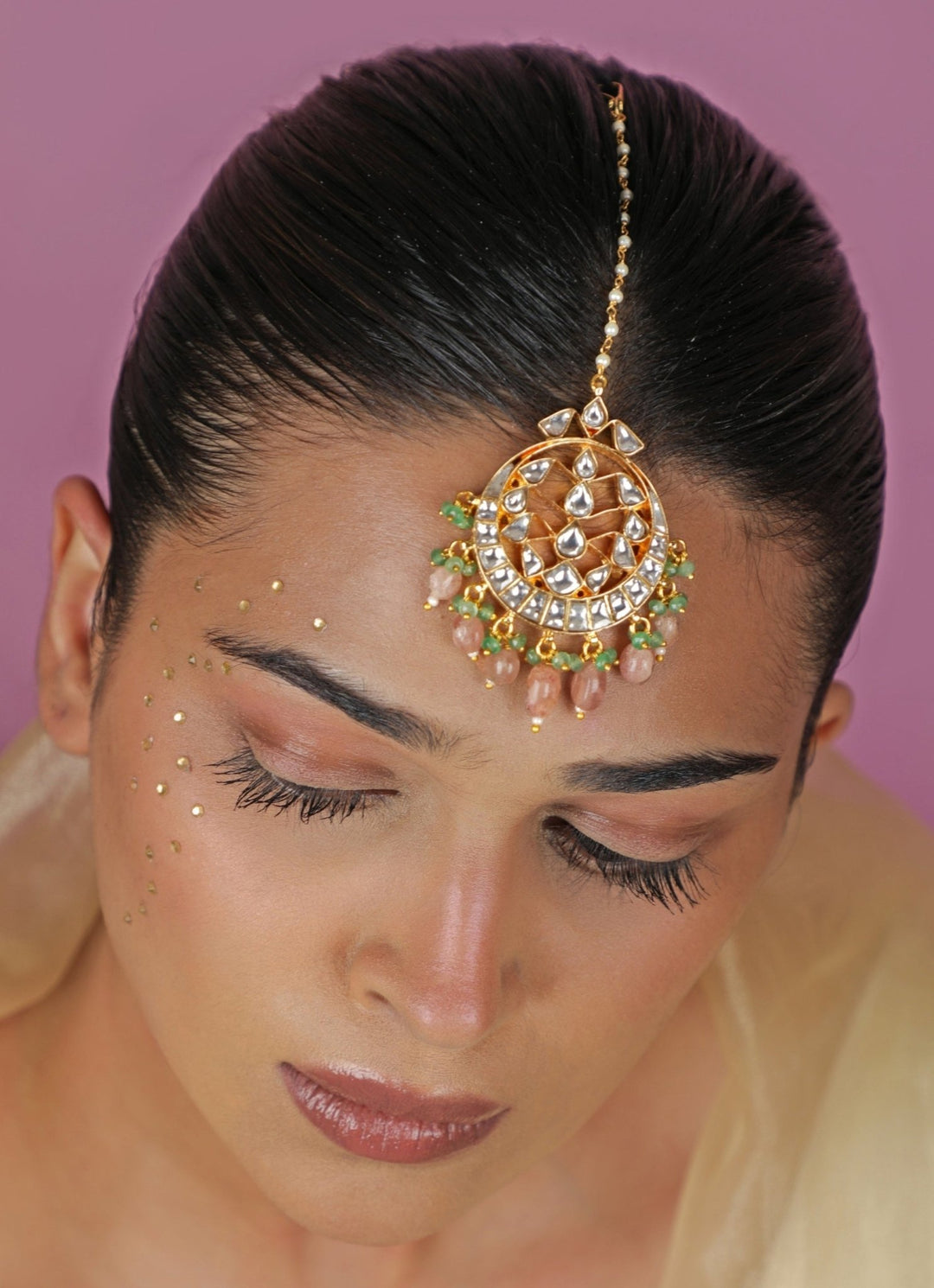 Pastel Pink Beaded Matte Gold Maangtikka Riana Jewellery - Fabilicious Fashion