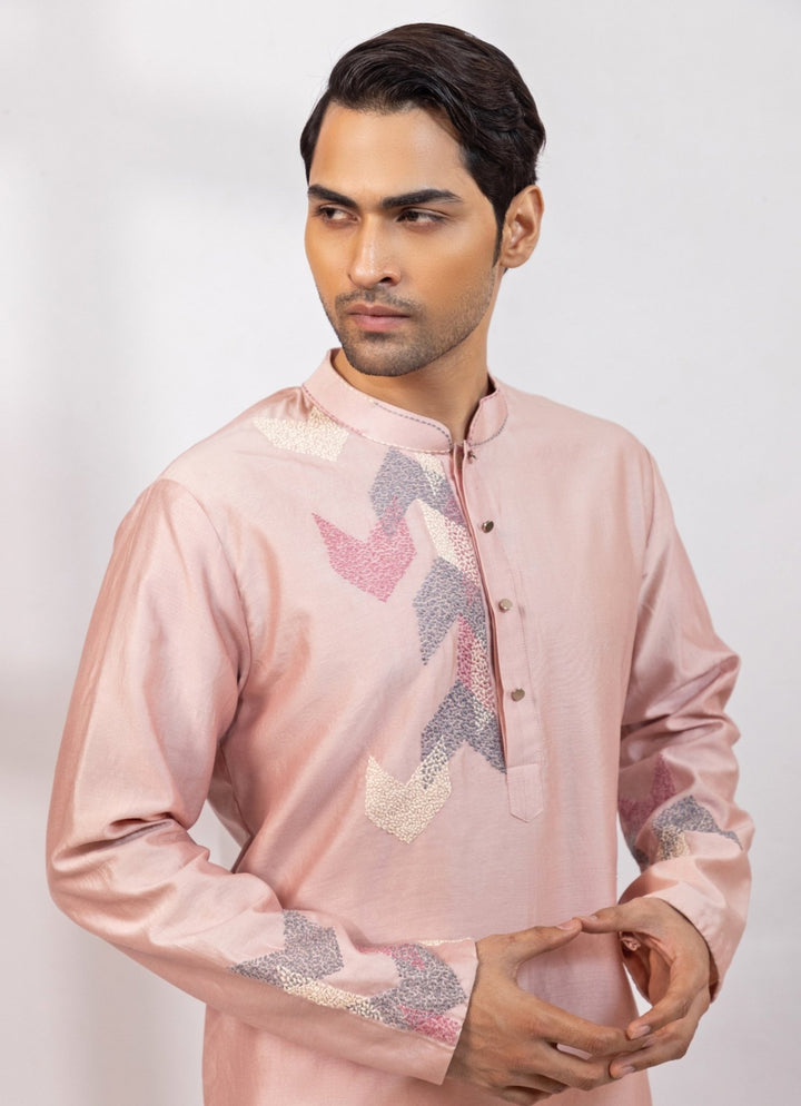Smriti - Men Pastel Pink Chanderi Kurta Pants SetFabilicious Fashion