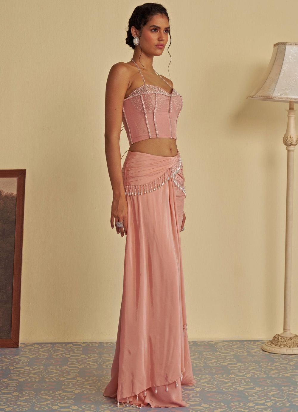Pastel Pink Draped Skirt With Corset Jade by Ashima - Fabilicious Fashion