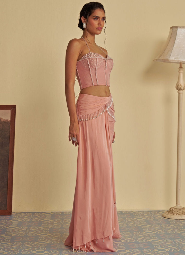 Pastel Pink Draped Skirt With Corset Jade by Ashima - Fabilicious Fashion