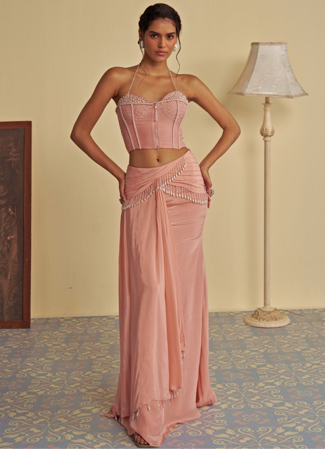 Pastel Pink Draped Skirt With Corset Jade by Ashima - Fabilicious Fashion