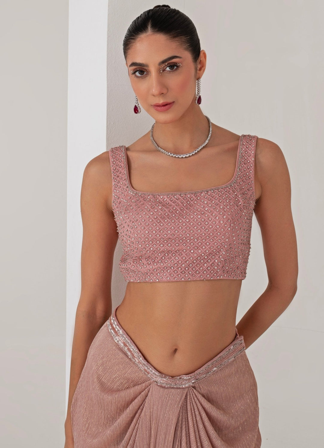 Pastel Pink Draped Skirt with Embroidered Cape Akara - Fabilicious Fashion