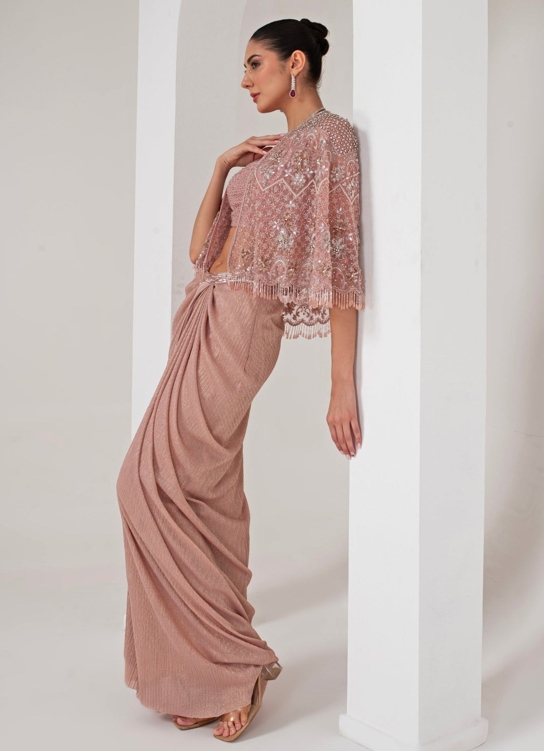 Pastel Pink Draped Skirt with Embroidered Cape Akara - Fabilicious Fashion