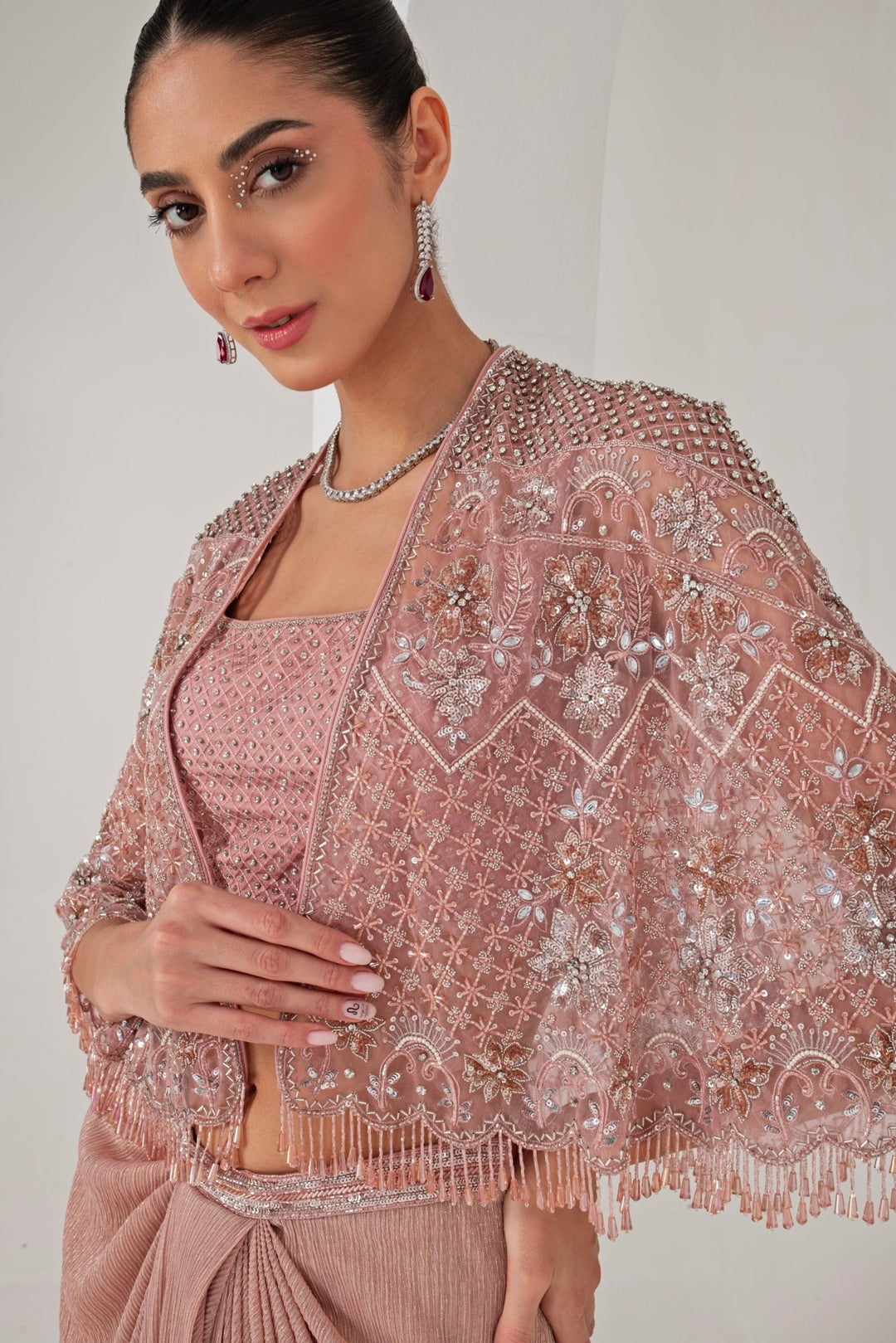 Pastel Pink Draped Skirt with Embroidered Cape Akara - Fabilicious Fashion