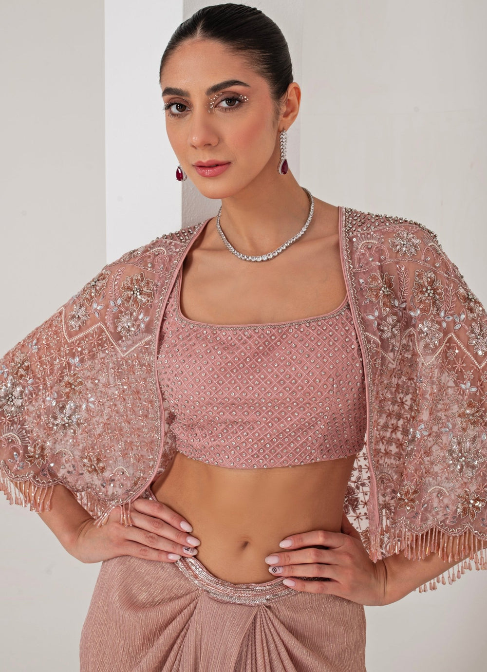Pastel Pink Draped Skirt with Embroidered Cape Akara - Fabilicious Fashion