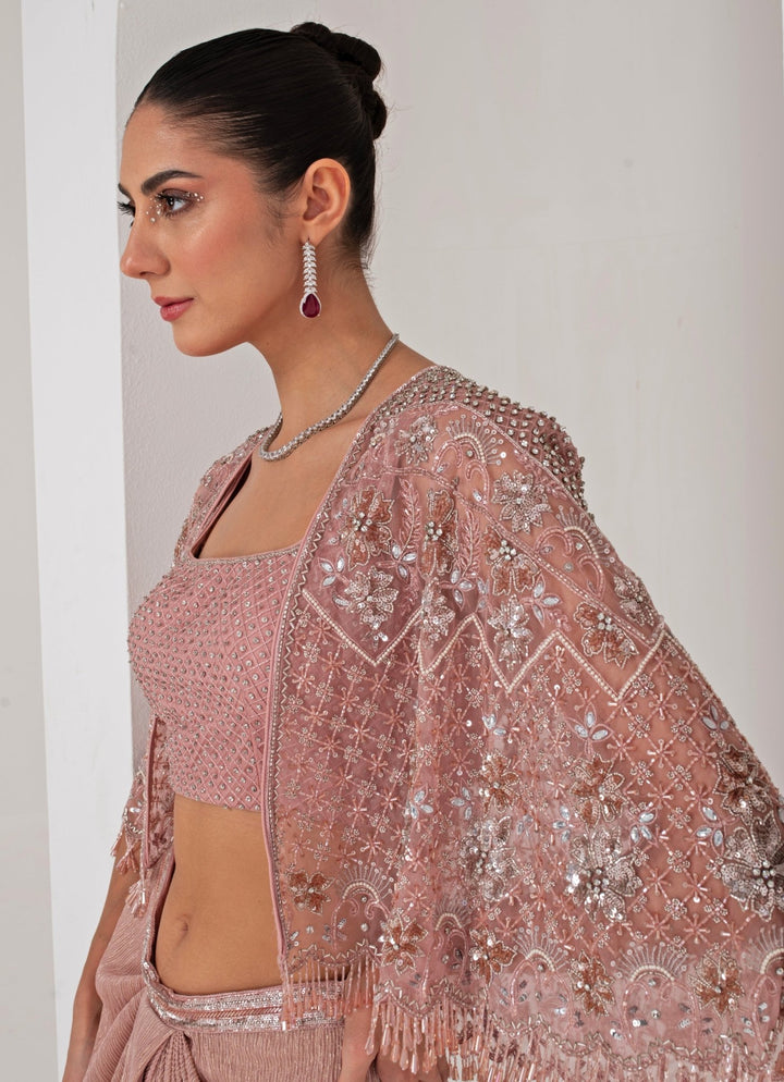 Pastel Pink Draped Skirt with Embroidered Cape Akara - Fabilicious Fashion