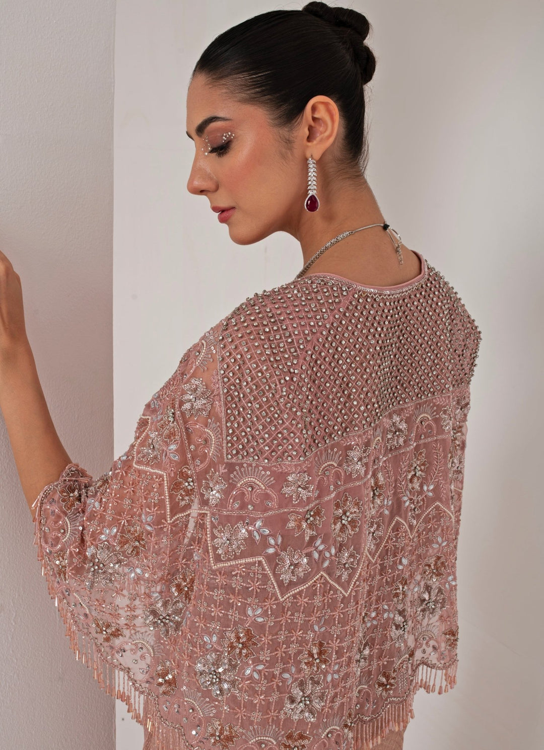 Pastel Pink Draped Skirt with Embroidered Cape Akara - Fabilicious Fashion