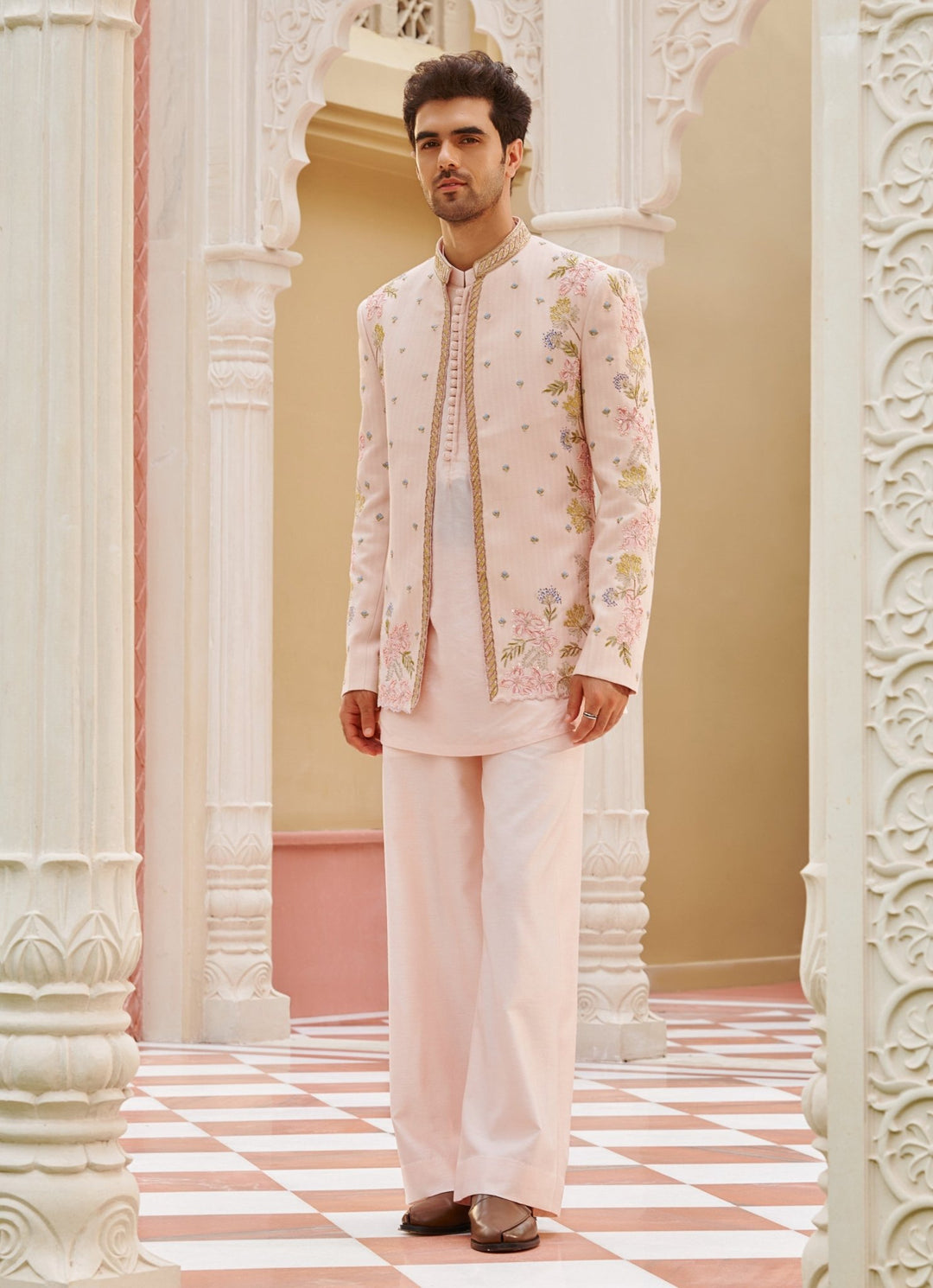 Pastel Pink Embroidered Bandhgala Jacket Set Contrast By Parth - Fabilicious Fashion