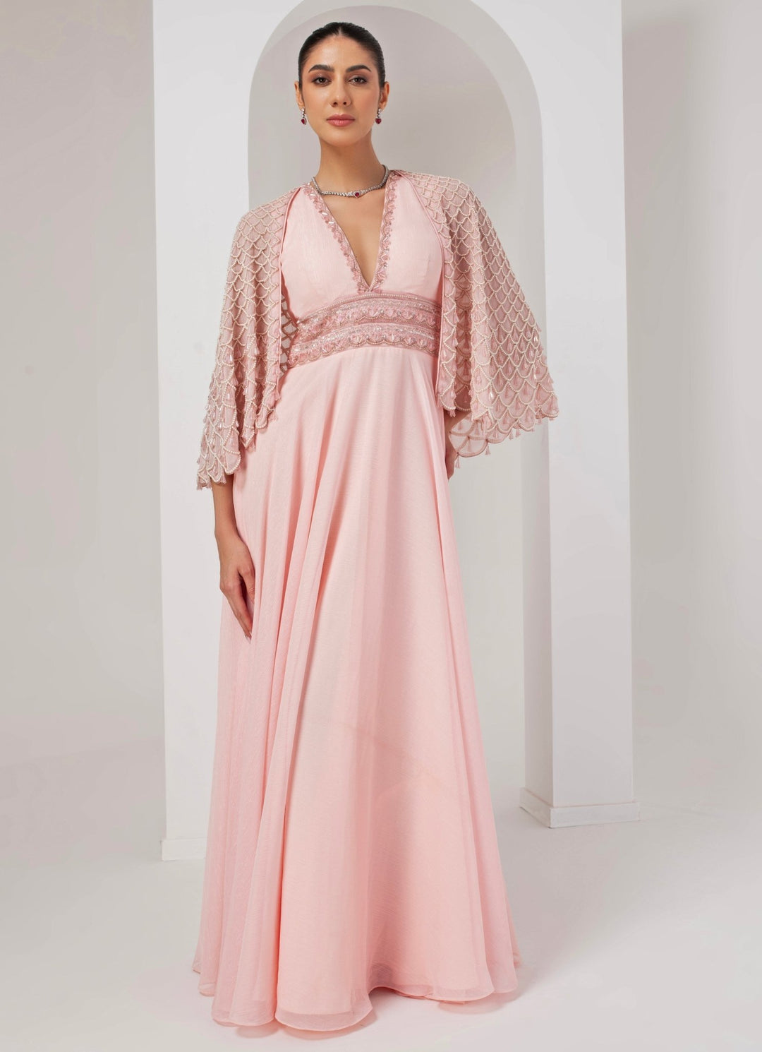 Pastel Pink Embroidered Georgette Gown with Cape Akara - Fabilicious Fashion