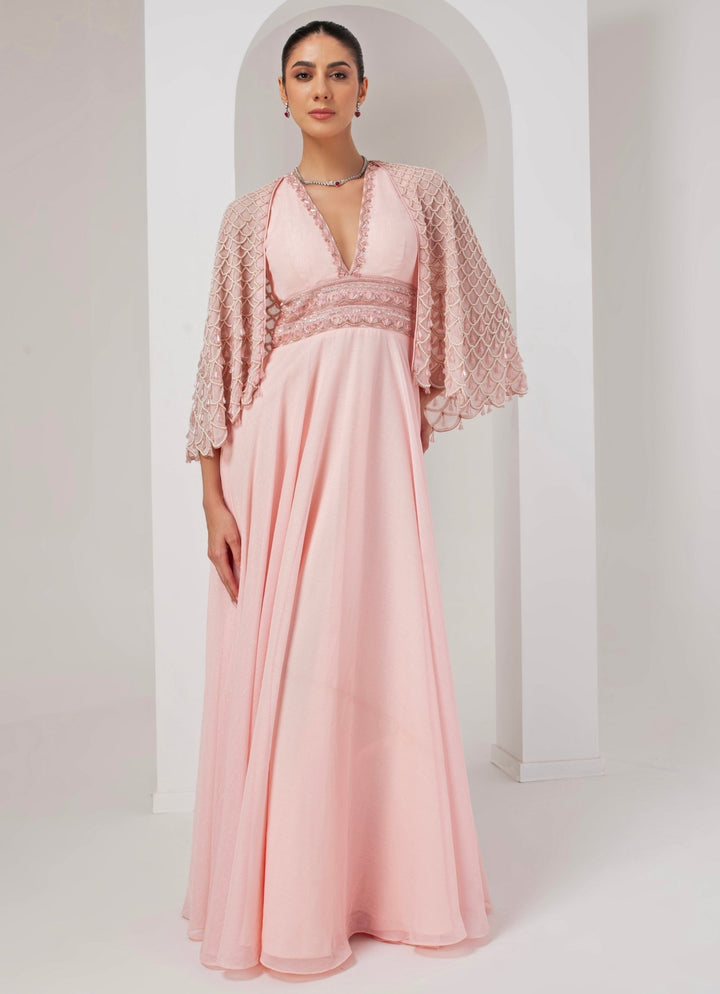 Pastel Pink Embroidered Georgette Gown with Cape Akara - Fabilicious Fashion