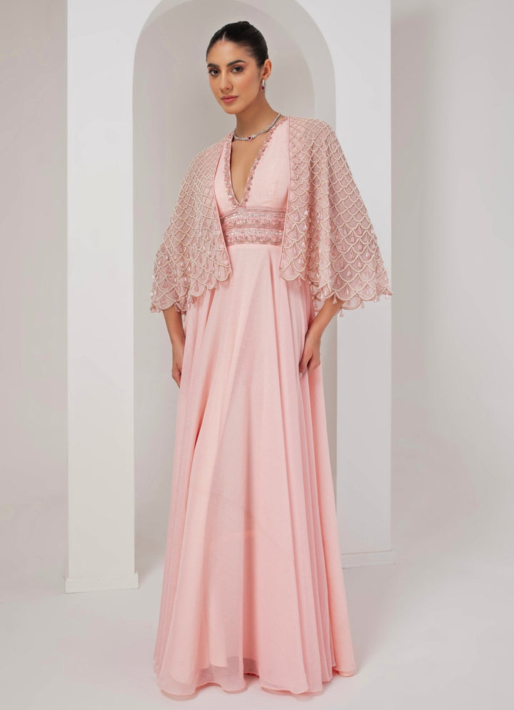 Pastel Pink Embroidered Georgette Gown with Cape Akara - Fabilicious Fashion