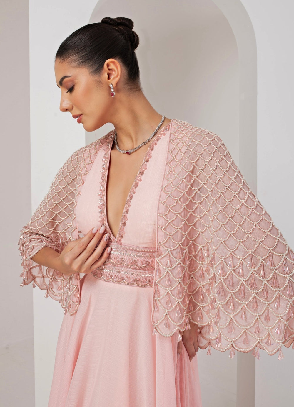 Pastel Pink Embroidered Georgette Gown with Cape Akara - Fabilicious Fashion