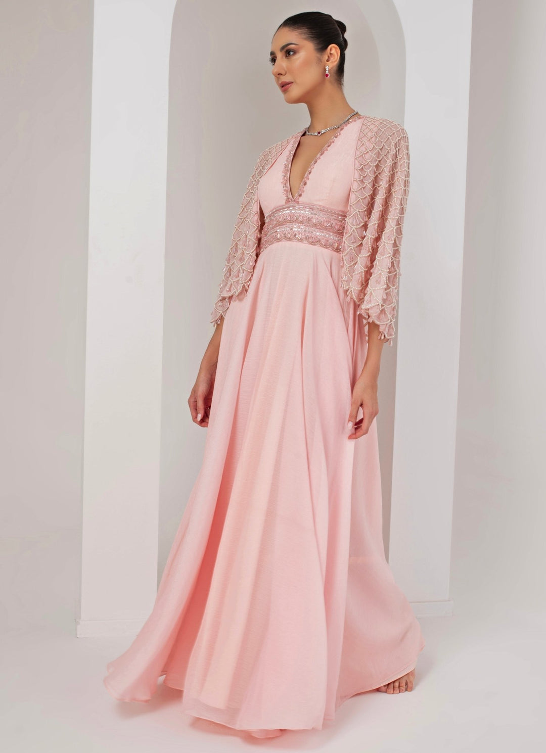 Pastel Pink Embroidered Georgette Gown with Cape Akara - Fabilicious Fashion
