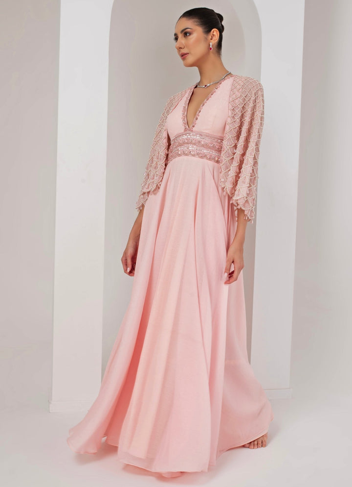Pastel Pink Embroidered Georgette Gown with Cape Akara - Fabilicious Fashion