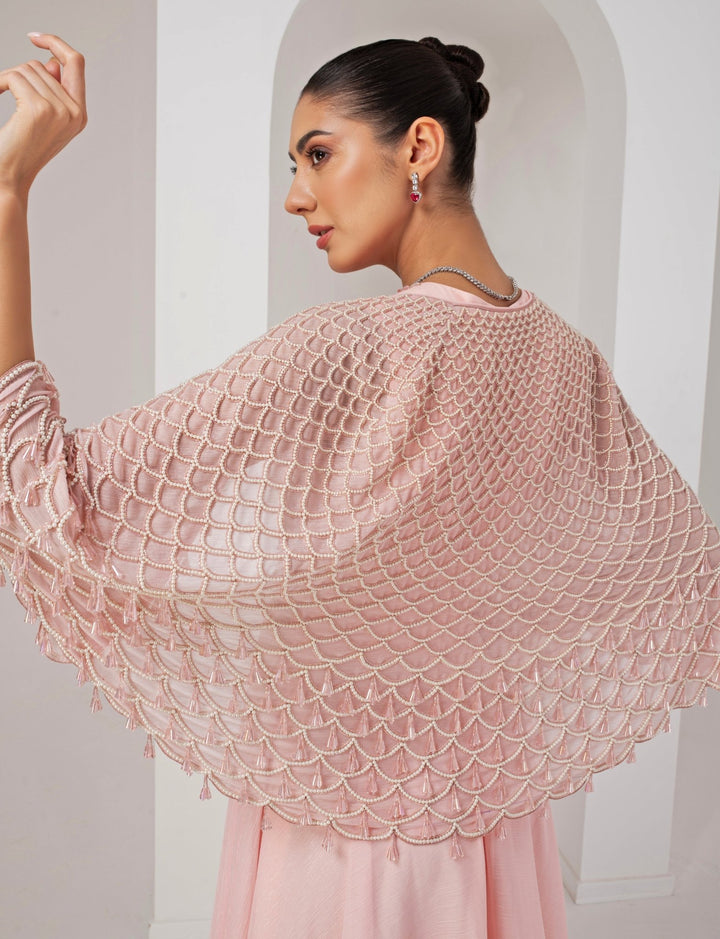 Pastel Pink Embroidered Georgette Gown with Cape Akara - Fabilicious Fashion