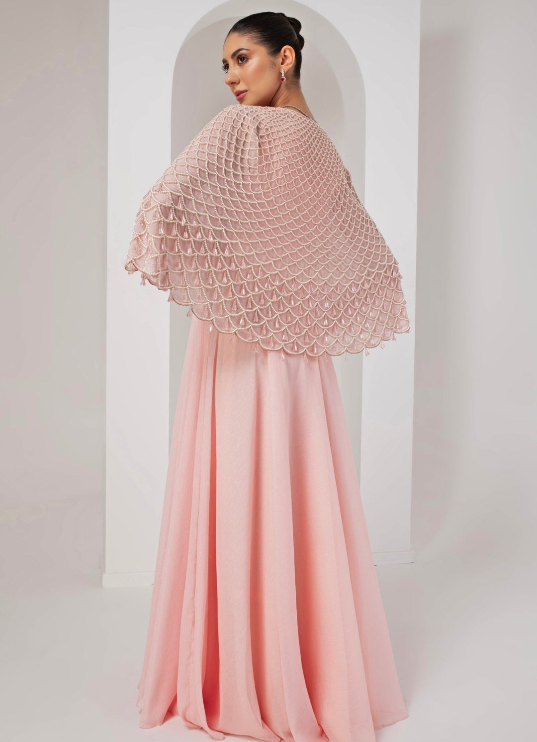 Pastel Pink Embroidered Georgette Gown with Cape Akara - Fabilicious Fashion
