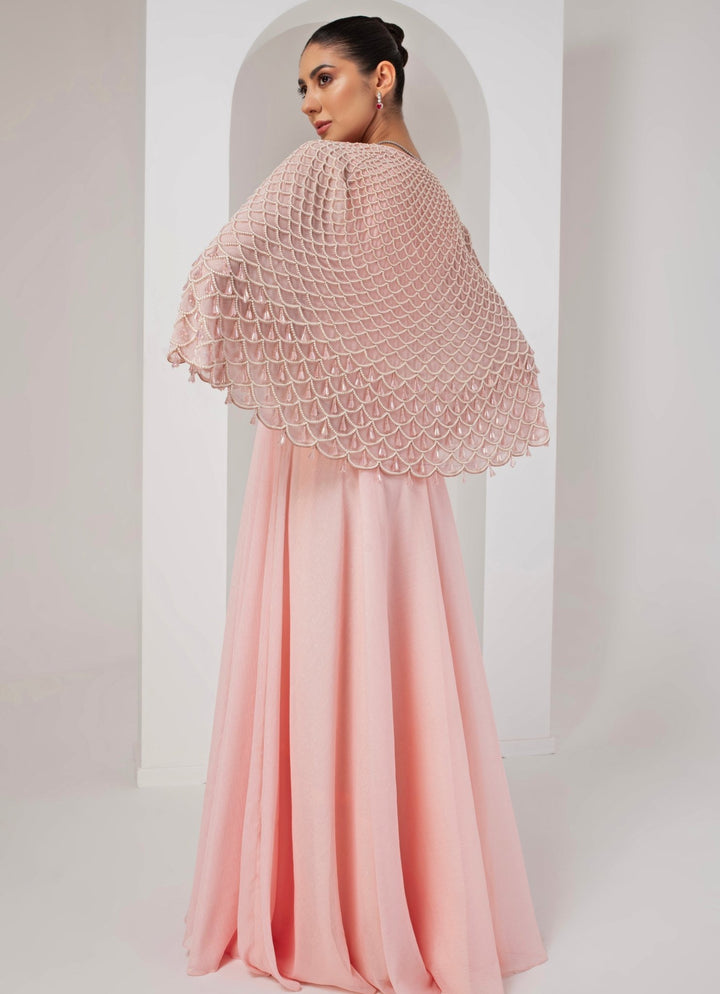 Pastel Pink Embroidered Georgette Gown with Cape Akara - Fabilicious Fashion