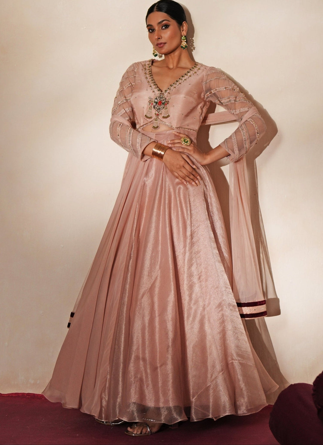 Pastel Pink Embroidered Organza Anarkali Isha Gupta Tayal - Fabilicious Fashion