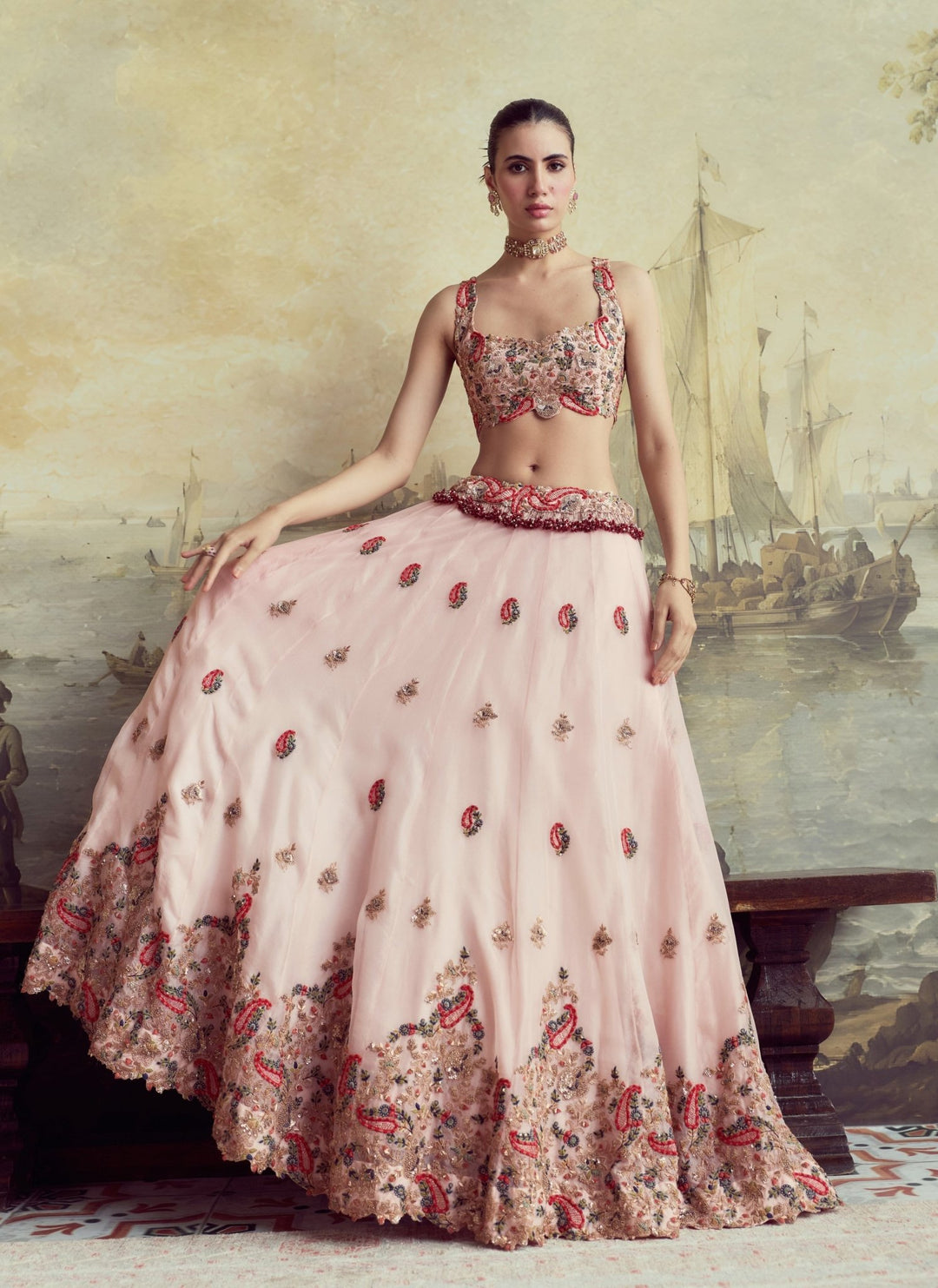 Prisho Pastel Pink Embroidered Organza Lehenga SetFabilicious Fashion