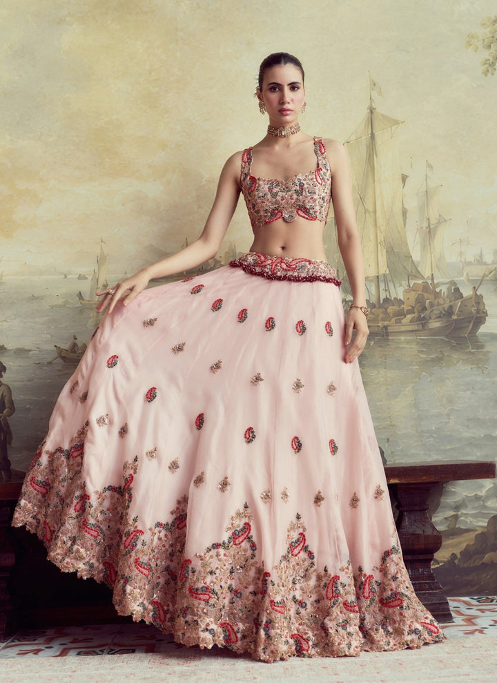 Prisho Pastel Pink Embroidered Organza Lehenga SetFabilicious Fashion