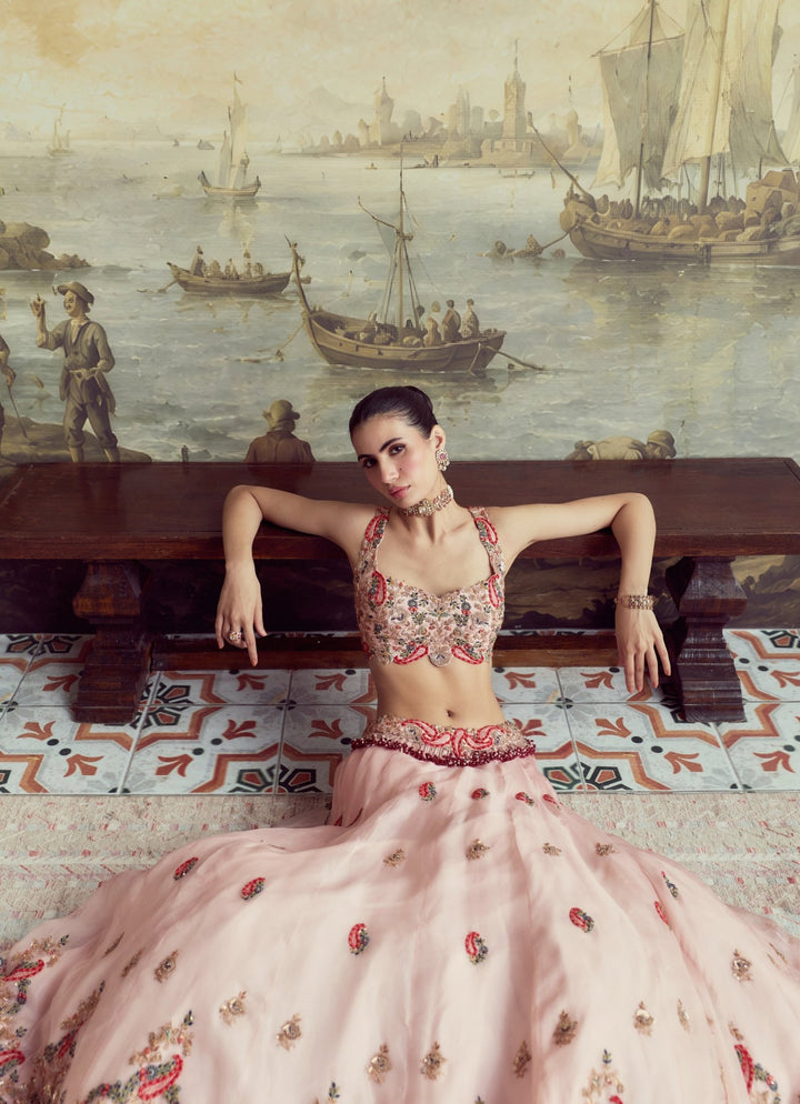 Prisho Pastel Pink Embroidered Organza Lehenga SetFabilicious Fashion