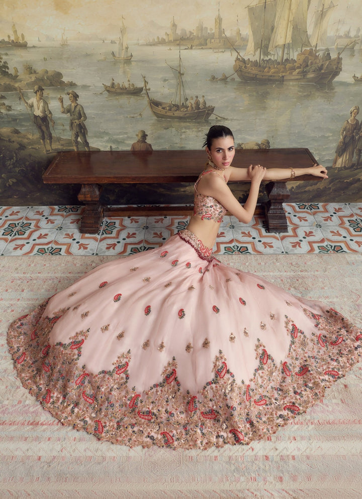 Prisho Pastel Pink Embroidered Organza Lehenga SetFabilicious Fashion