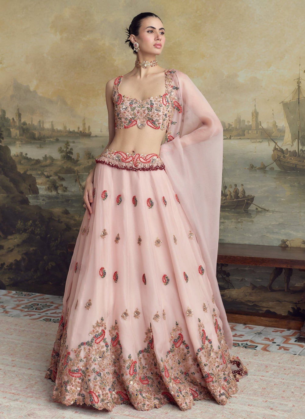 Prisho Pastel Pink Embroidered Organza Lehenga SetFabilicious Fashion