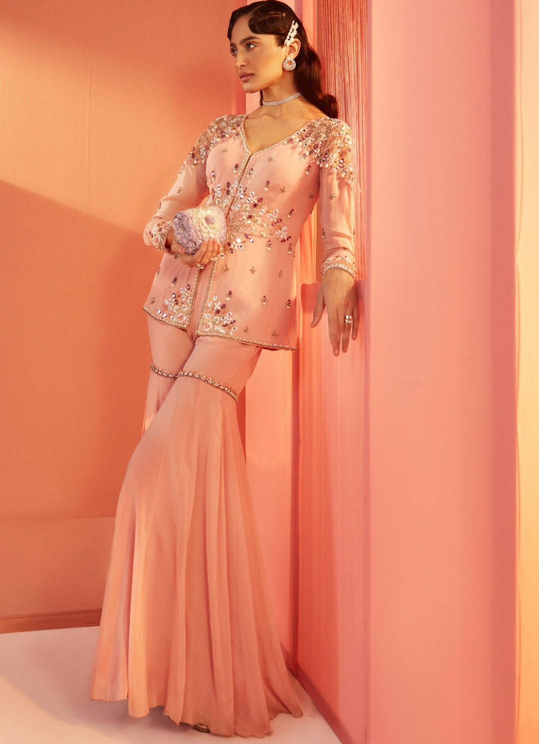 Pastel Pink Embroidered Peplum Kurta Pants Set Sanya Gulati - Fabilicious Fashion