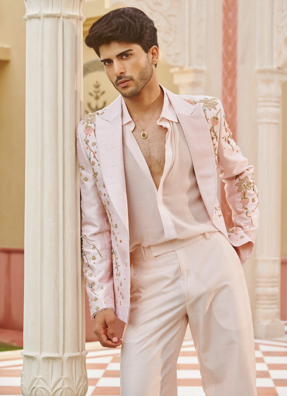 Pastel Pink Embroidered Silk Blazer Set Contrast By Parth - Fabilicious Fashion