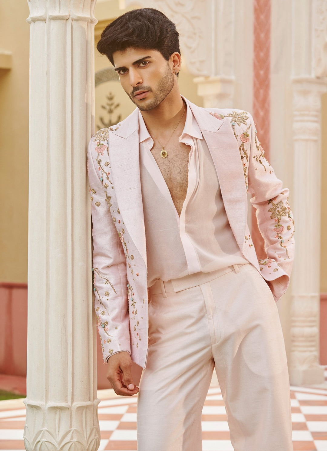 Pastel Pink Embroidered Silk Blazer Set Contrast By Parth - Fabilicious Fashion